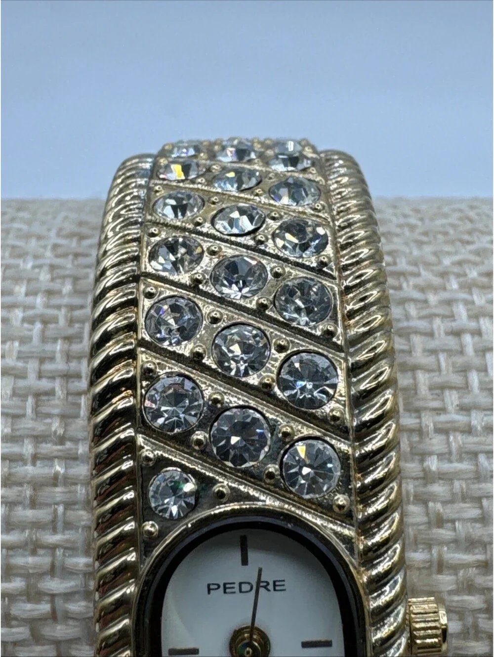Vintage Pedre Gold Tone Bangle Watch Studded With Rhinestones New Battery W/Box